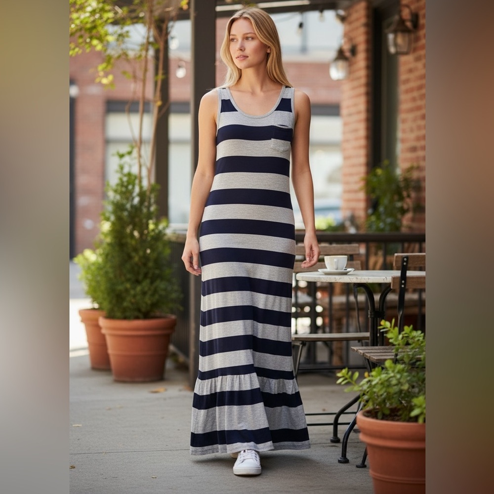 B Jewel Striped Maxi Dress in Navy and gray